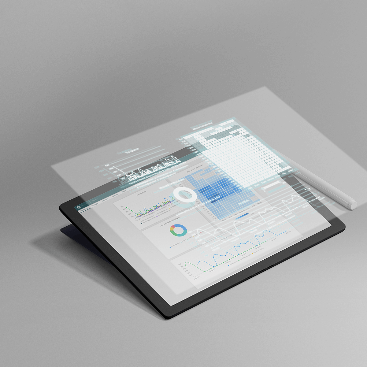 Tablet, showing the AdSigner analytics dashboard, tracking the success of a single email signature ad campaign.