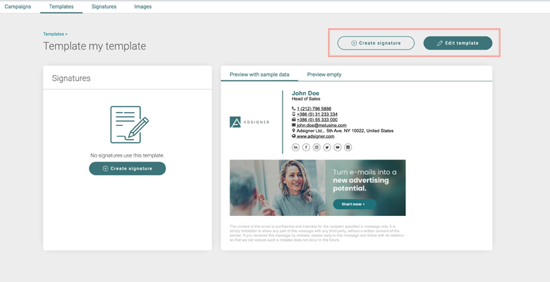 Edit template if needed or continue by clicking create signature. Photo: AdSigner