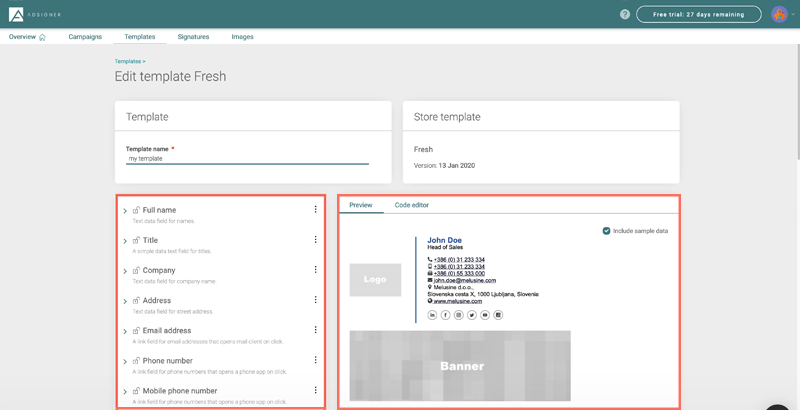 On the left side, you can see the data fields which you can edit, while on the right side you see the live preview. Photo: AdSigner