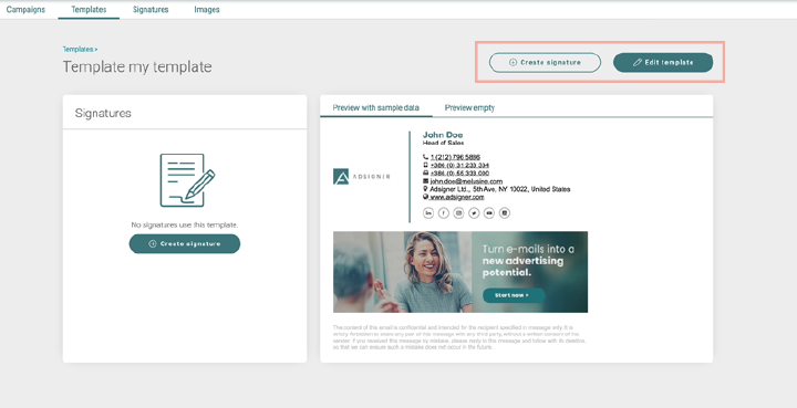 Edit template if needed or continue by clicking create signature. Photo: AdSigner