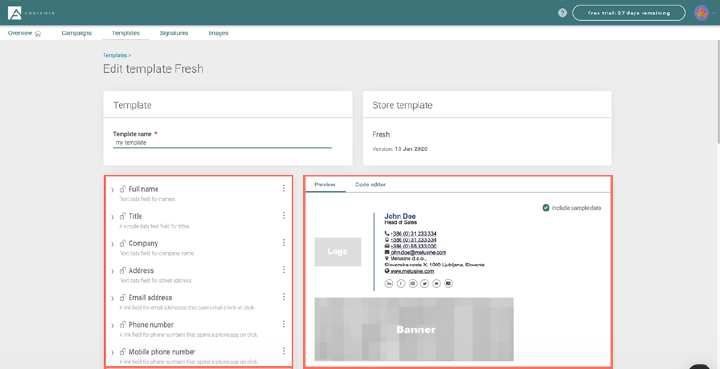 On the left side, you can see the data fields which you can edit, while on the right side you see the live preview. Photo: AdSigner
