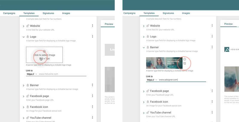 Add the company logo and banner by clicking on the dashed area. Photo: AdSigner