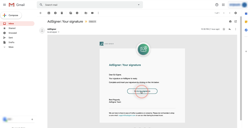 Click the Go to my signature button. Photo: AdSigner