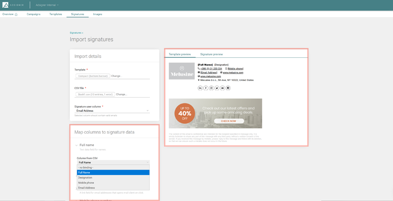 Click the drop-down arrow on each field and select the desired CSV column to the appropriate information field. Photo: AdSigner