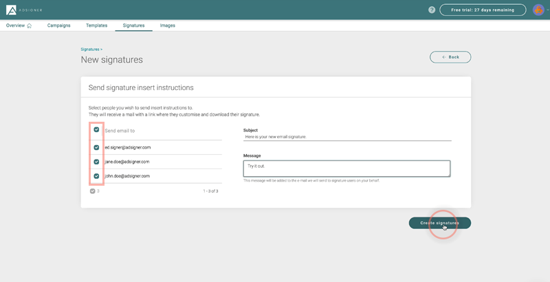 You can optionally send e-mail with instructions on how to insert the signature into e-mail client.. Photo: AdSigner
