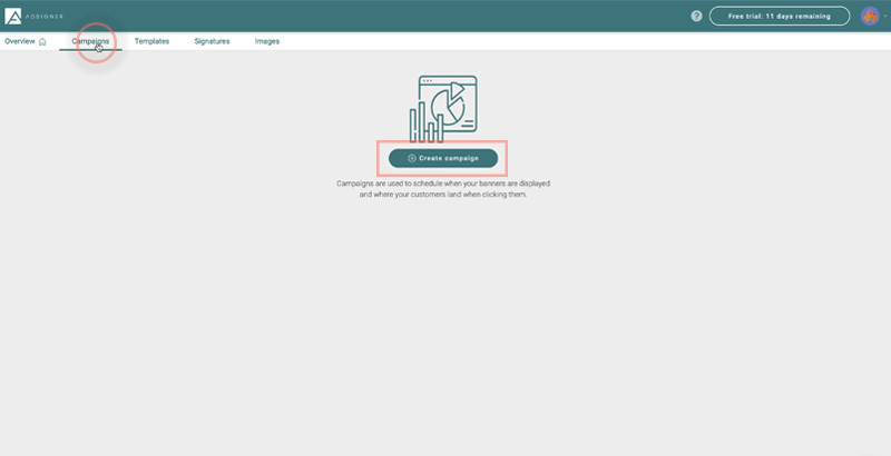 Start by choosing Campaigns in the main menu bar. Photo: AdSigner