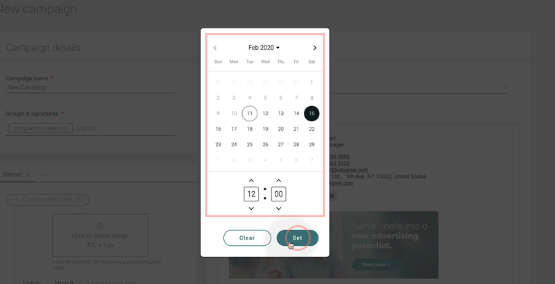 Click on choose start date. Choose on what date and time your campaign will start. Photo: AdSigner