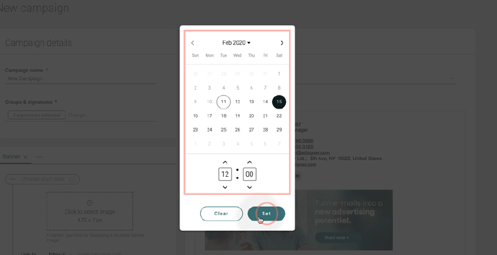 Click on choose start date. Choose on what date and time your campaign will start. Photo: AdSigner