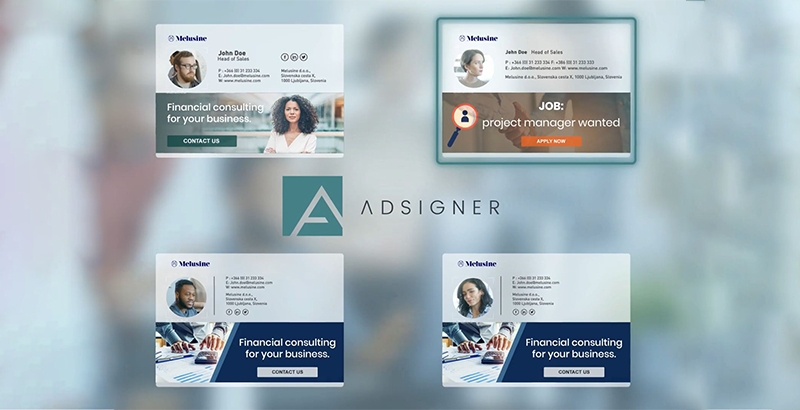 AdSigner allows you to display banners and multiple logo images inside professionally designed e-mail signatures, and add links to every image you insert into the signature template. Photo: AdSigner