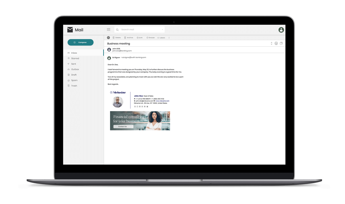 Email, upgraded with AdSigner service, empowered by a professional email signature containing the banner ad.